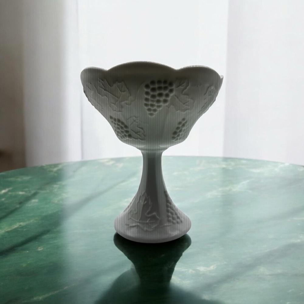 Vintage Indiana Glass Company Harvest Grape Milk Glass Compote Pedestal Bowl